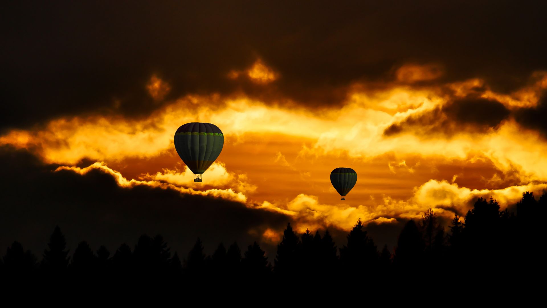 clouds, sky, balloon, forest, sunset, 8k (horizontal)
