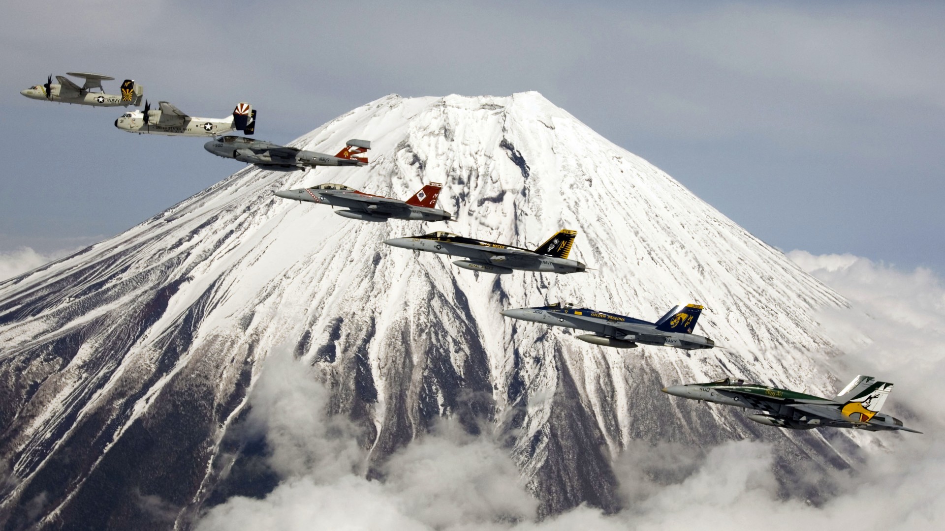 U.S. Navy, aircraft, carrier, jet, fighter, mountain, Fuji, Japan (horizontal)