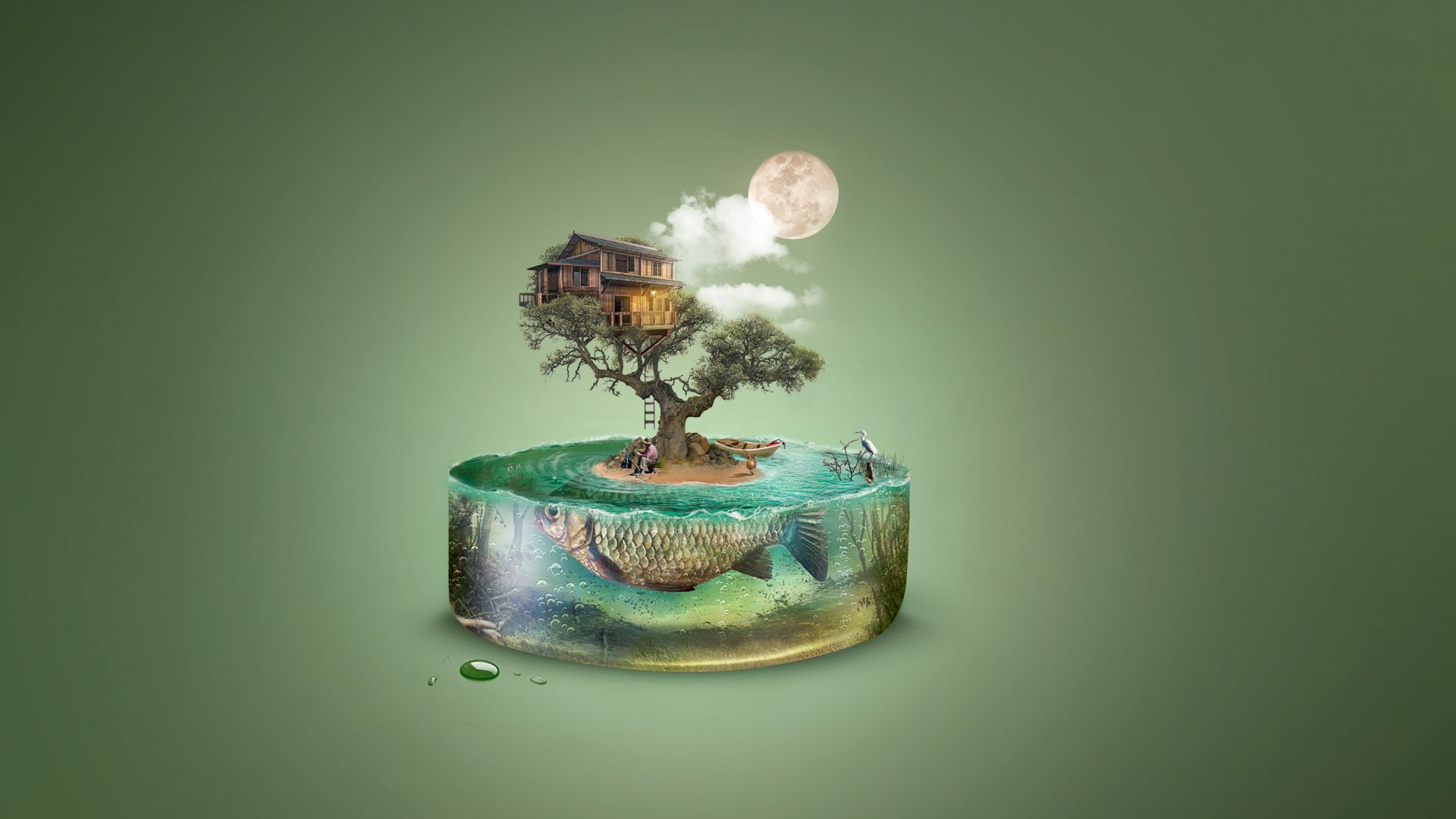 art, tree, fish, island, house, underwater, 4k (horizontal)