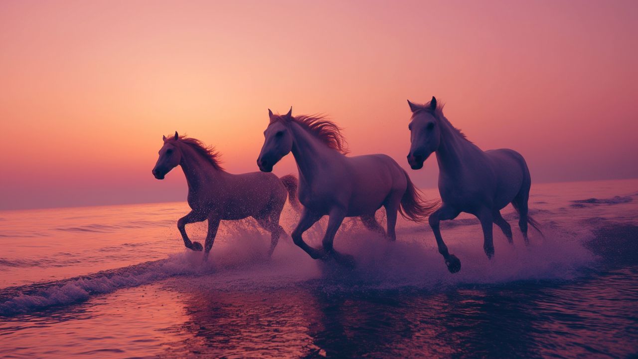 horses, 4k, HD wallpaper, run, sea, ocean, sunset, white, brown (horizontal)
