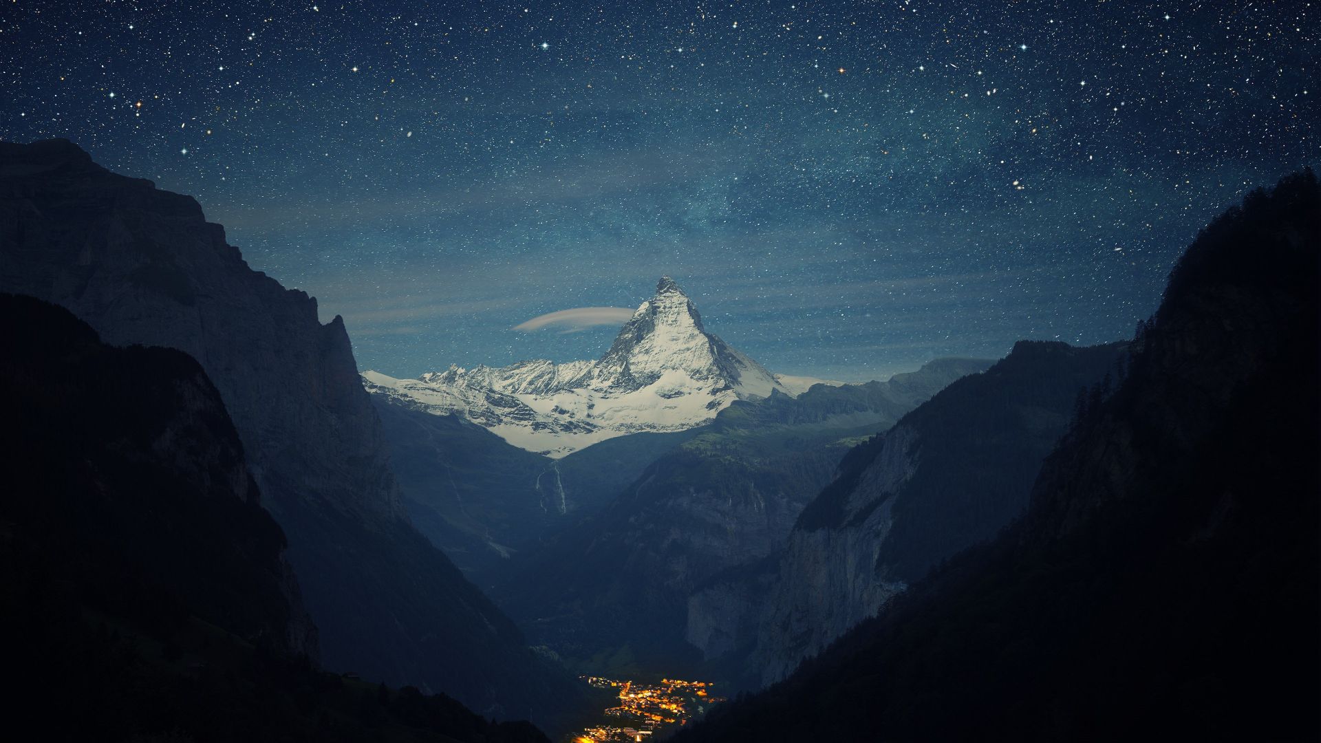 Switzerland, 4k, 5k wallpaper, Alps, mountains, stars, night (horizontal)