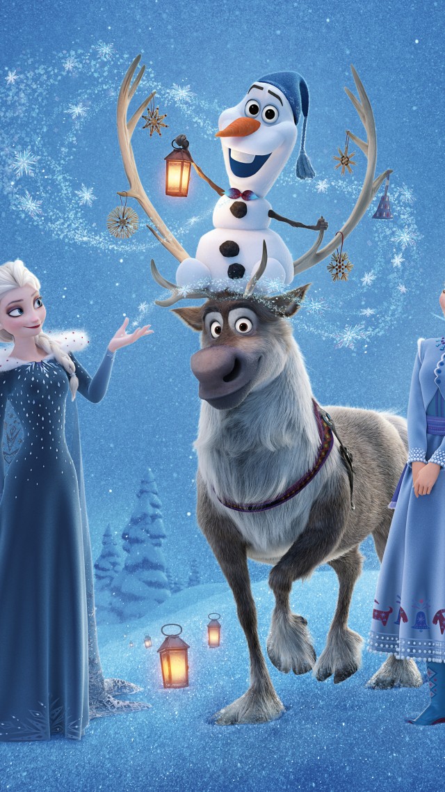 Olaf's Frozen Adventure, Elsa, Anna, winter, deer, snow, 4k (vertical)