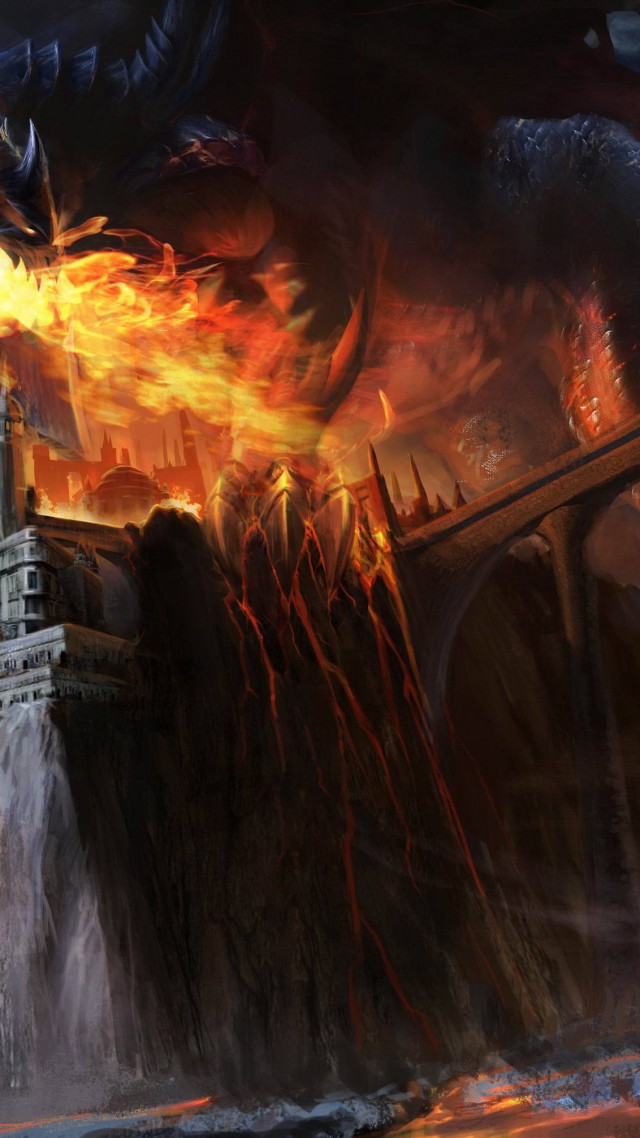 Dragon, black, fire, castle, bridge, lava, smoke, fantasy, art (vertical)