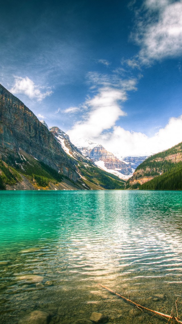 Lake Louise, 5k, 4k wallpaper, Canada, National Park, Banff, glacial lake, vacation, holiday, travel, mountain, forest, beach, sky (vertical)