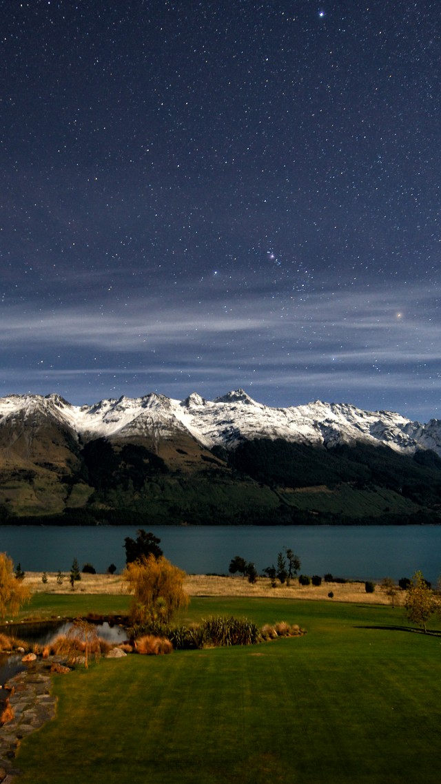 New Zealand, 4k, HD wallpaper, Queenstown, Lake Wakatipu, stars, mountain, snow, green grass, sky, landscape (vertical)