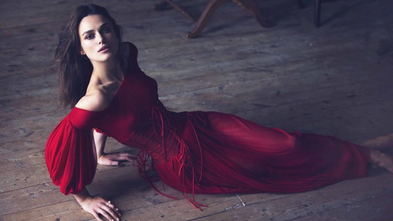Keira Knightley, Actress, brunette, red dress, look, room, wood floor, Pirates of the Caribbean (horizontal)