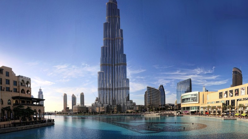 Khalifa Tower, Dubai, sky, clouds, water, pool, hotel, resort, travel, booking, vacation (horizontal)