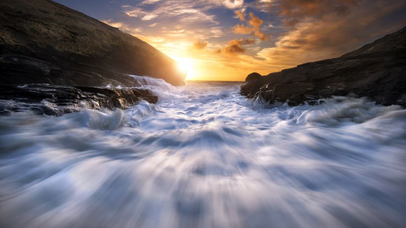 tide, 4k, HD wallpaper, flow, stream, sunset (horizontal)