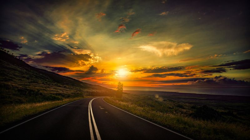 road, 5k, 4k wallpaper, 8k, clouds, sunset (horizontal)