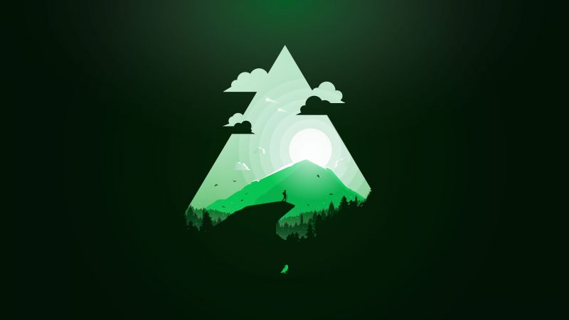 mountain, sun, green, triangle, 4k (horizontal)