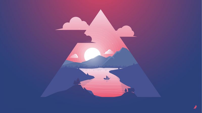 mountain, sun, river, purple, triangle, 4k (horizontal)
