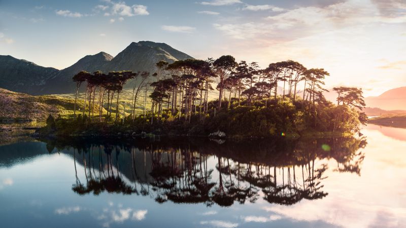 Ireland, lake, mountains, tree, sunrise, 4k (horizontal)