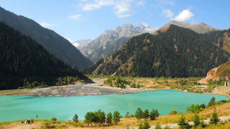 Lake Issyk-Kul, Kyrgyzstan, mountains, forest, 4k (horizontal)