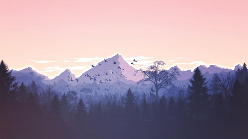 forest, mountains, violet, birds, art, HD (horizontal)