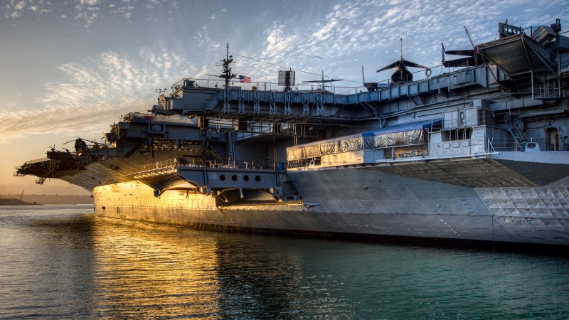 aircraft carrier, warship, U.S. Navy, sunset, sea, sky (horizontal)