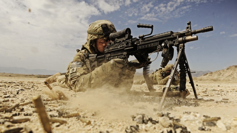 soldier, M249 LMG machine gun U.S. Army, firing, dust, sand (horizontal)
