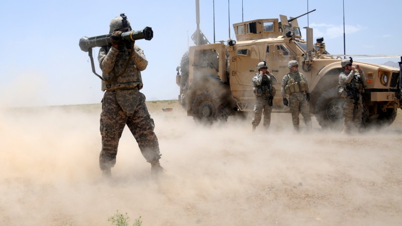 rocket launcher, soldier, firing, AAV, APC, AFV, vehicle, sand, desert (horizontal)
