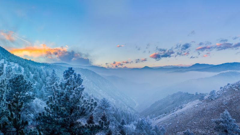 mountains, forest, winter, clouds, 4k (horizontal)
