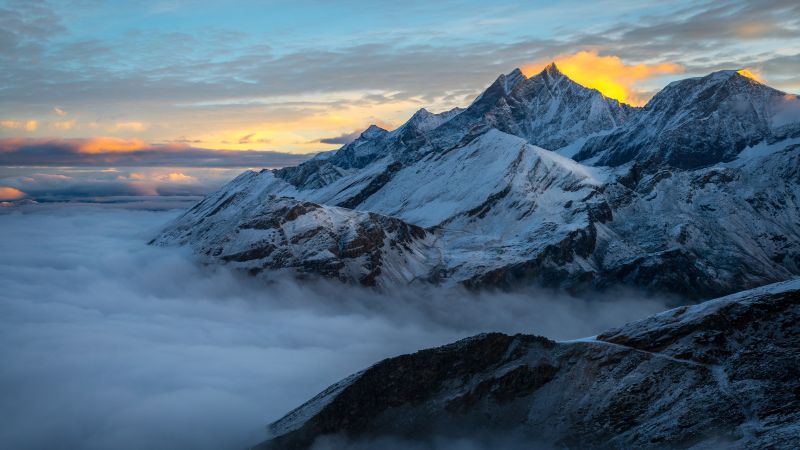 Alps, mountain, winter, fog, 5k (horizontal)