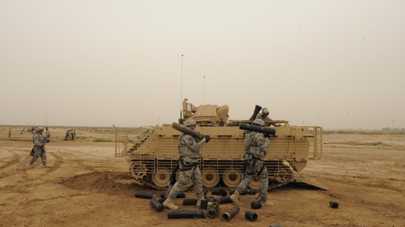 M113, Bradley, armored personnel carrier, soldier, APC, ACAV, M113A3, U.S. Army, firing (horizontal)