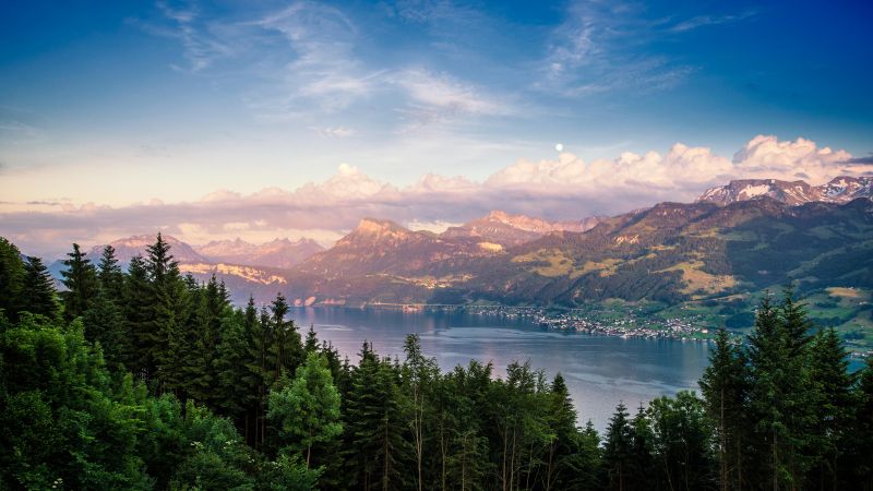 Lake Zurich, forest, sky, mountains, 4k (horizontal)