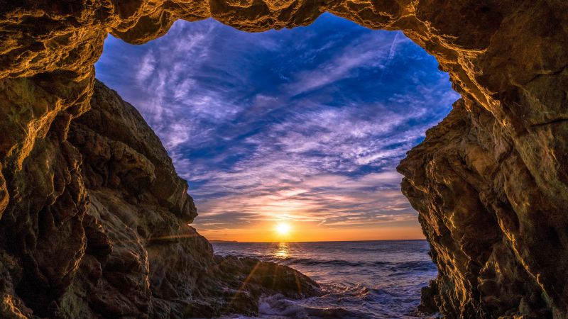 Malibu, California, sunset, beach, ocean, coast, sky, 5k (horizontal)