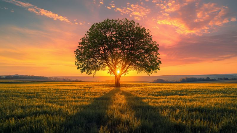 sunset, tree, field, 4K (horizontal)