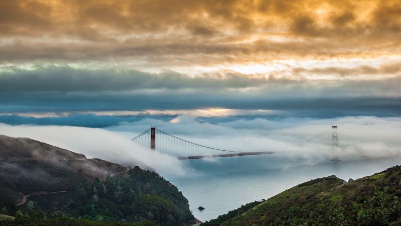 Golden Gate Bridge, San Francisco, USA, fog, 5K (horizontal)