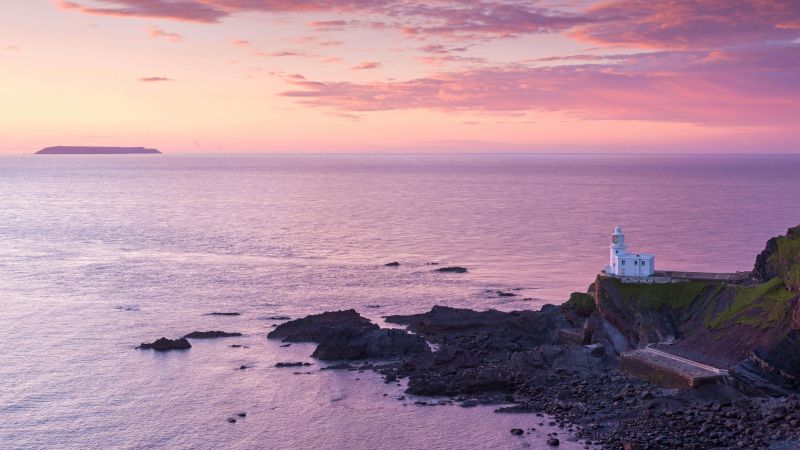 Hartland Point, Lighthouse, Lundy Island, North Devon, sunset, water, ocean, 5K (horizontal)