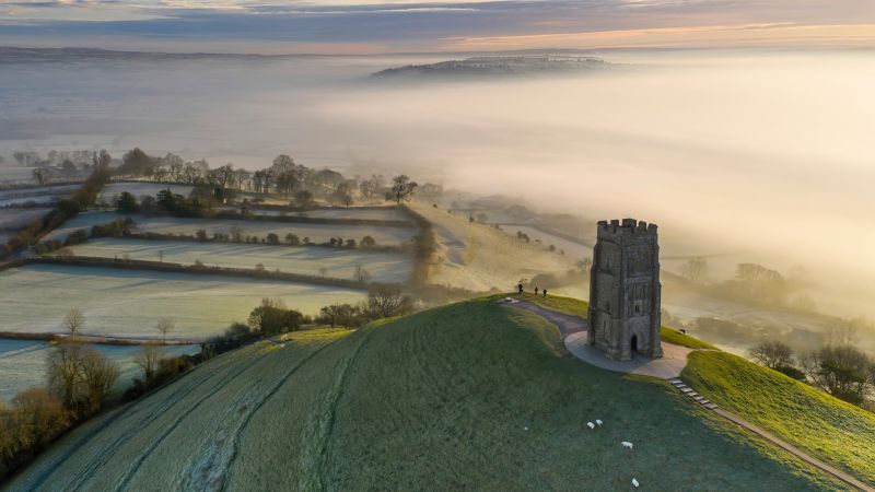 morning, frost, sunrise, fog, Glastonbury Tor, Somerset, 4K (horizontal)