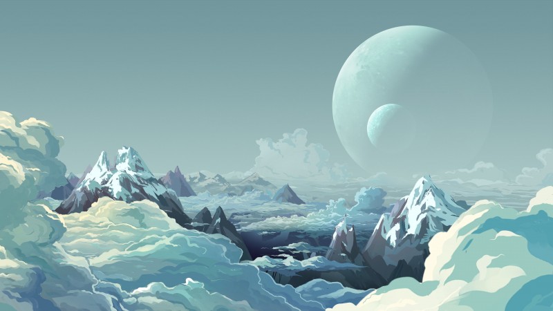 mountains, clouds, planets, snow (horizontal)