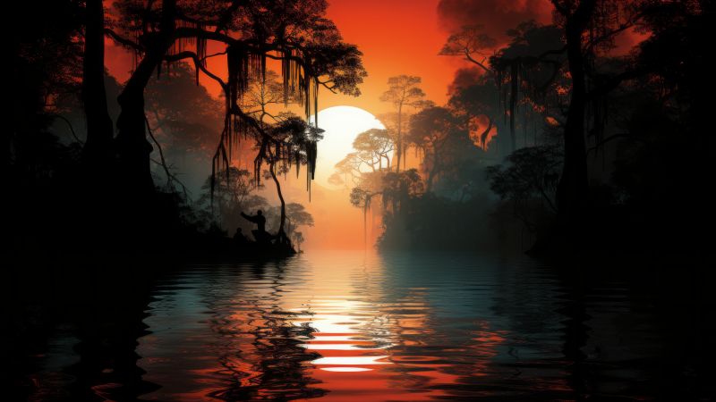 jungle, lake, sunset (horizontal)