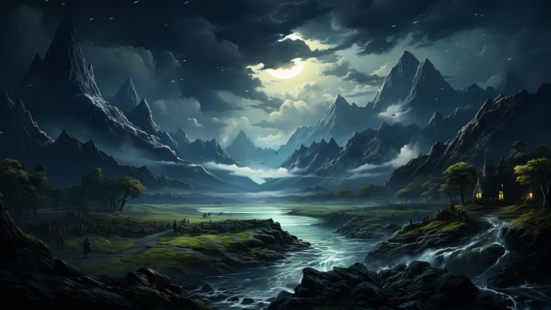 river, mountains, night, village (horizontal)