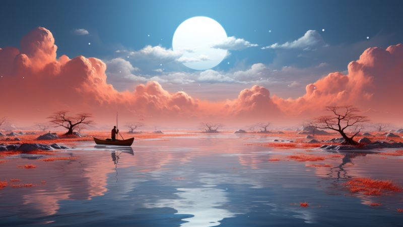 lake, mountains, fisherman, moon (horizontal)