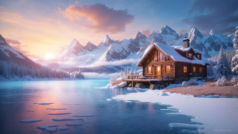 winter, house, lake, sunset, windows 12 (horizontal)