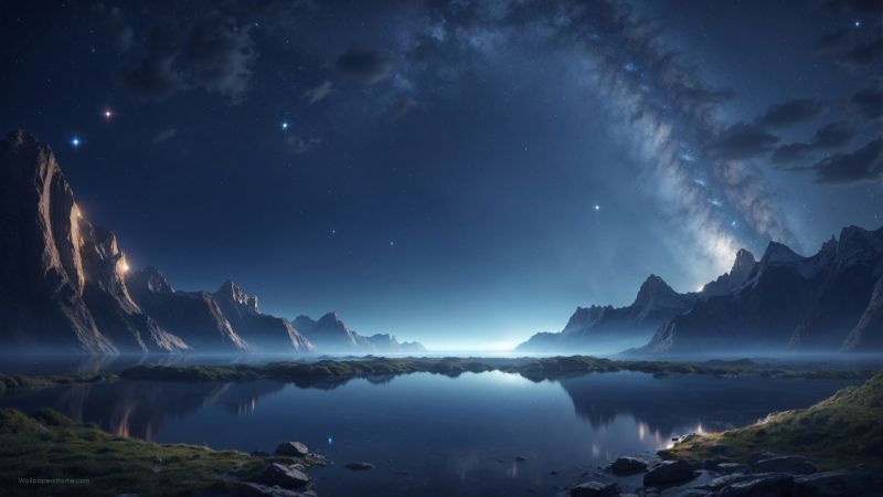 mountains, lake, night, Milky Way, windows 12 (horizontal)