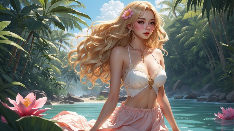 anime girl, blonde, jungle, lake (horizontal)