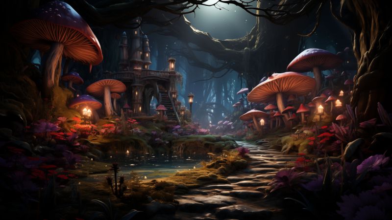 mushrooms, village, fairy tale (horizontal)