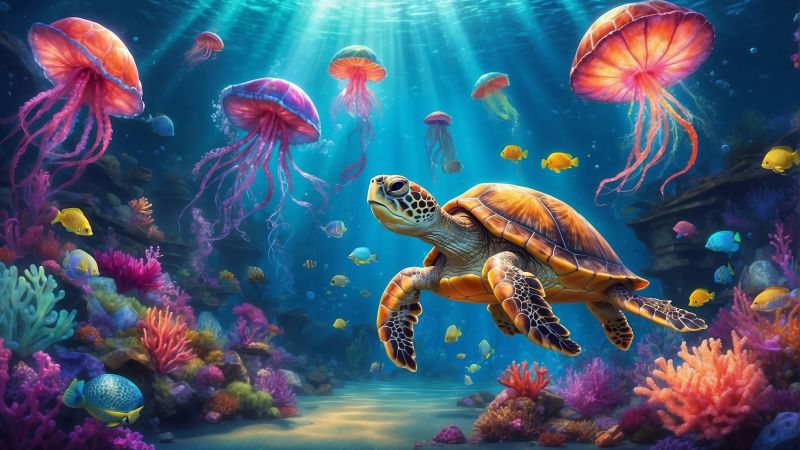 underwater, turtle, jellyfish (horizontal)