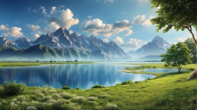 mountains, lake, water (horizontal)