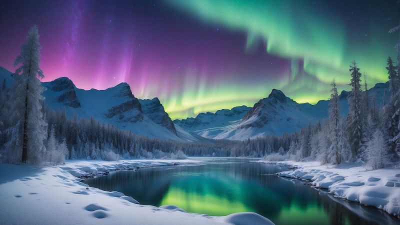 mountains, lake, winter, northern lights (horizontal)