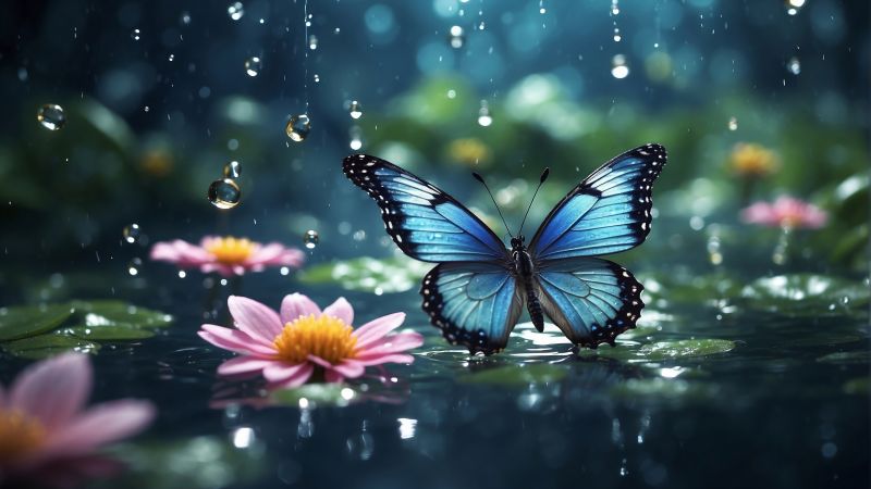 butterfly, lake, flowers (horizontal)