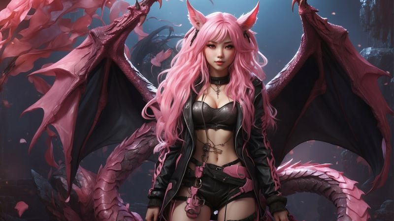 anime girl, dragon, pink (horizontal)