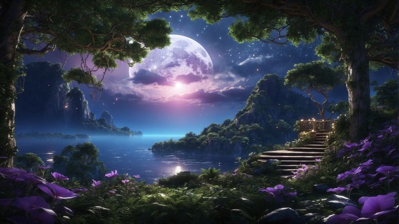 forest, moon, night, mountains, river (horizontal)