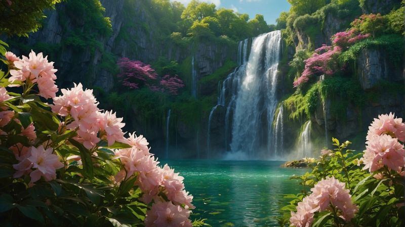 lake, waterfall, flowers (horizontal)