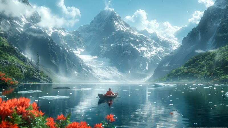 mountains, lake, boat (horizontal)