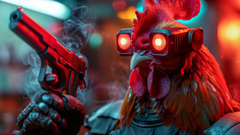 chicken, red, gun, cyberpunk, user avatar (horizontal)