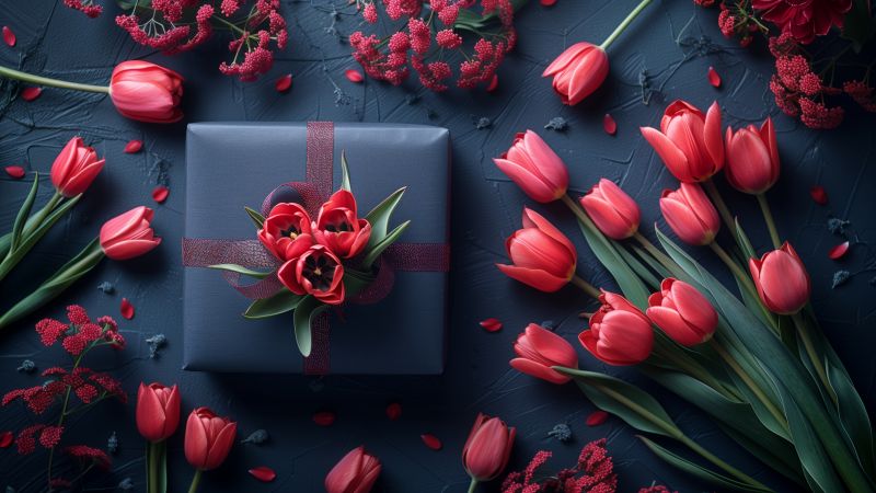 gift, black, flowers (horizontal)