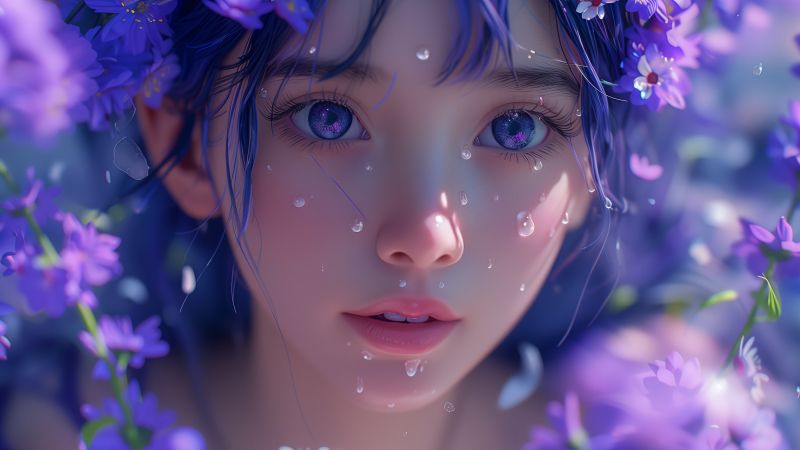 anime girl, purple, flowers (horizontal)