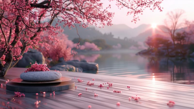 blossom, pink, lake (horizontal)